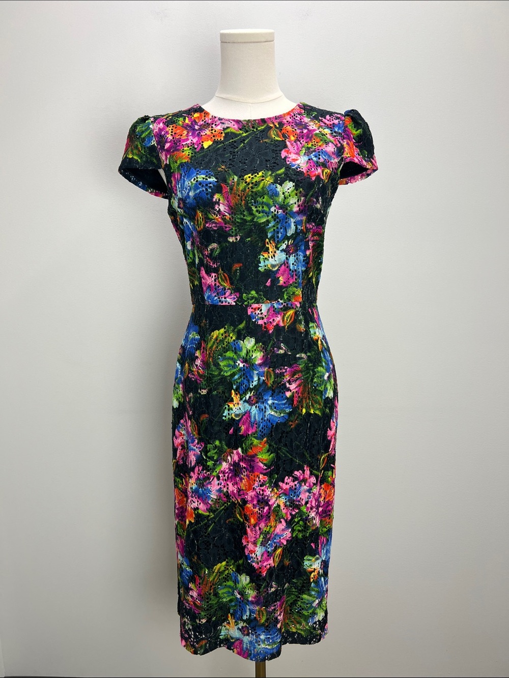 Betsey Johnson Dark Multicolor Floral Lace Fitted Dress Wedding Guest Womens 2